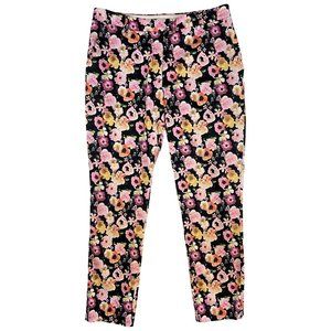H&M Floral Pants Size 8 Black & Pink Floral Tapered Leg 28 Inch Inseam Cropped